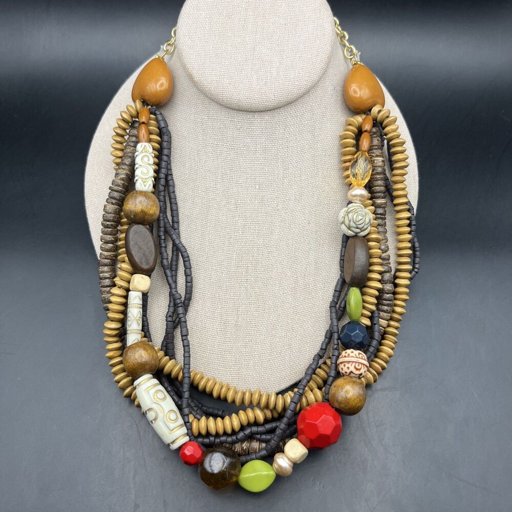 Boho Beaded Statement Necklace Wooden Colorful Red Bold Multi Strand Bold Green